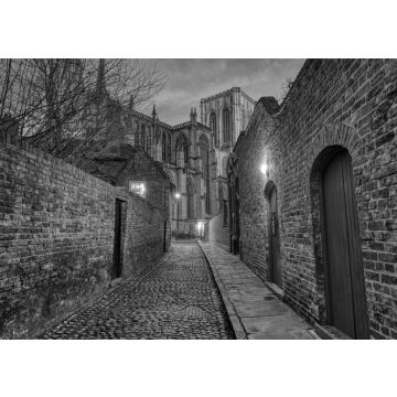 Lais Puzzle - Kleine gepflasterte Gasse in York bei Nacht mit dem berühmten Minster im Hintergrund in schwarz weiß - 500, 1.000 & 2.000 Teile