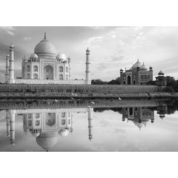 Lais Puzzle - Taj Mahal Agra bei Sonnenuntergang mit Wasserspiegelung und stimmungsvollem Himmel. Das Taj Mahal ist ein UNESCO-Weltkulturerbe am Ufer des Flusses Yamuna in Uttar Pradesh, Indien in schwarz weiß - 1.000 Teile