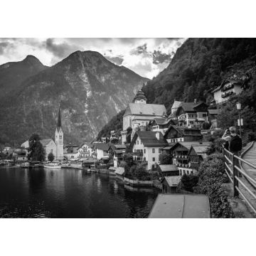 Lais Puzzle - Panoramablick auf das berühmte Dorf Hallstatt in Österreich, Alpen. Europa in schwarz weiß - 1.000 Teile