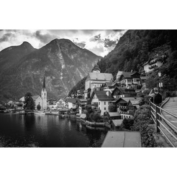 Lais Puzzle - Panoramablick auf das berühmte Dorf Hallstatt in Österreich, Alpen. Europa in schwarz weiß - 2.000 Teile
