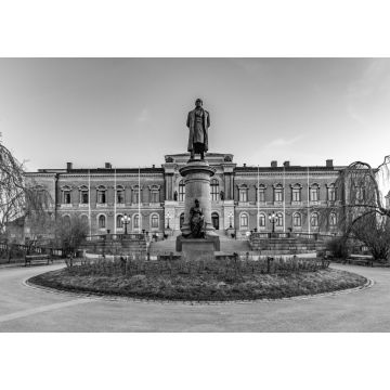 Lais Puzzle - Sonnenuntergangsansicht der Statue von Erik Gustaf Geijer vor der Universität von Uppsala in Schweden in schwarz weiß - 1.000 Teile