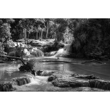 Lais Puzzle - Türkisfarbenes Wasser des Kuang Si-Wasserfalls, Luang Prabang, Laos. Tropischer Regenwald in schwarz weiß - 2.000 Teile