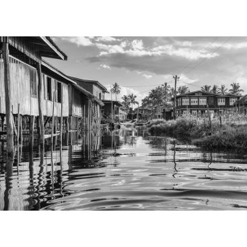 Lais Puzzle - Schwimmende Holzhäuser auf dem Inle-See in Shan, Myanmar, dem früheren Birma in schwarz weiß - 1.000 Teile