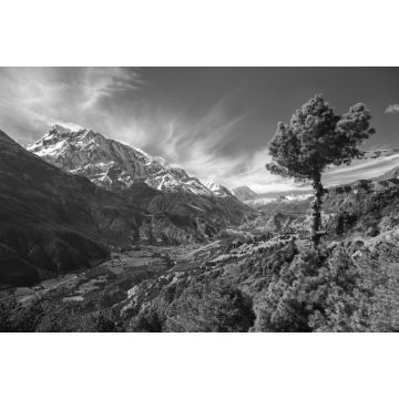 Lais Puzzle - Annapurna Gebirgskette Landschaftsansicht von der Trekkingroute zwischen den Dörfern Pisang und Manang im nepalesischen Himalaya Gebirge in schwarz weiß - 2.000 Teile