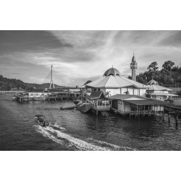 Lais Puzzle - Das Wasserdorf Kampong Ayer in Bandar Seri Begawan, Brunei in schwarz weiß - 2.000 Teile