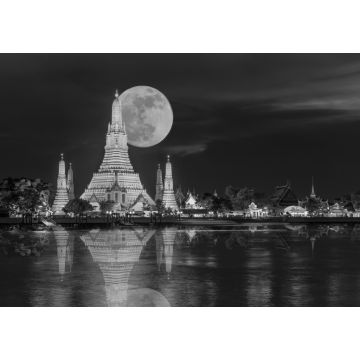 Lais Puzzle - Wat Arun in der Nacht mit Super-Vollmond, Wat Arun in der Nacht mit Licht Gold ist der älteste Tempel des Chao Phraya River und Vollmond in den dunklen Himmel in Bangkok Thailand in schwarz weiß - 1.000 Teile