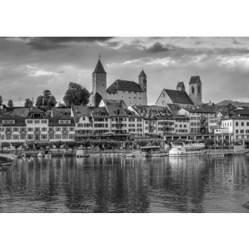 Lais Puzzle - Blick auf den Rapperswiler Hafen und die von Schloss und Stadtpfarrkirche dominierte Altstadt, Rapperswil-Jona, St. Gallen, Schweiz in schwarz weiß - 500, 1.000 & 2.000 Teile