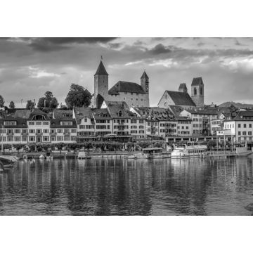 Lais Puzzle - Blick auf den Rapperswiler Hafen und die von Schloss und Stadtpfarrkirche dominierte Altstadt, Rapperswil-Jona, St. Gallen, Schweiz in schwarz weiß - 1.000 Teile