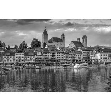 Lais Puzzle - Blick auf den Rapperswiler Hafen und die von Schloss und Stadtpfarrkirche dominierte Altstadt, Rapperswil-Jona, St. Gallen, Schweiz in schwarz weiß - 2.000 Teile