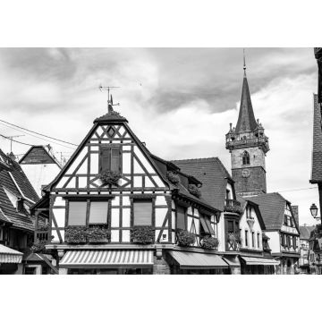 Lais Puzzle - Traditionelle Fachwerkhäuser in Obernai - Bas-Rhin, Frankreich in schwarz weiß - 1.000 Teile