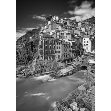 Lais Puzzle - Blick auf die bunten Häuser entlang der Küstenlinie der Cinque Terre in Riomaggiore in schwarz weiß - 500, 1.000 & 2.000 Teile