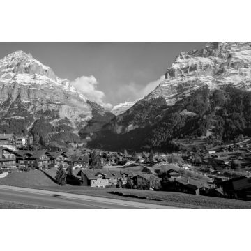 Lais Puzzle - Panoramablick auf das schöne Bergdorf Grindelwald in der Schweiz in schwarz weiß - 2.000 Teile
