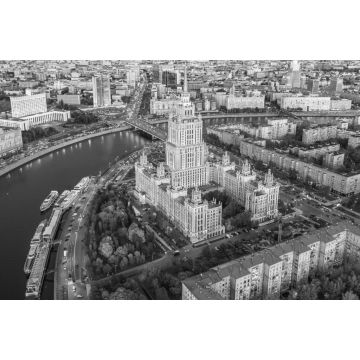 Lais Puzzle - Luftaufnahme der Stadt Moskau mit dem Moskwa-Fluss, Russland, Moskauer Skyline mit historischen Wolkenkratzern und dem Moskwa-Fluss in schwarz weiß - 2.000 Teile