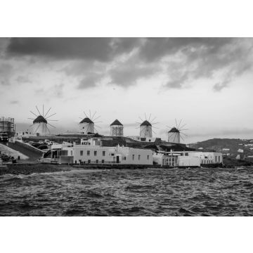 Lais Puzzle - Sonnenuntergangsansicht der Strandpromenade von Mykonos mit Windmühlen in schwarz weiß - 500, 1.000 & 2.000 Teile