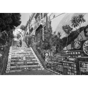 Lais Puzzle - Ein Blick am frühen Morgen auf die Escadaria Selarón (Selaron-Treppe), eine Touristenattraktion neben dem beliebten Ausgehviertel Lapa in Rio de Janeiro, Brasilien in schwarz weiß - 1.000 Teile