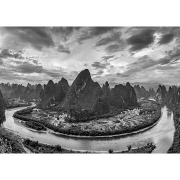 Lais Puzzle - Xianggong-Hügellandschaft von Guilin, Li-Fluss und Karstgebirge. Xingping, Kreis Yangshuo, Provinz Guangxi, China in schwarz weiß - 1.000 Teile