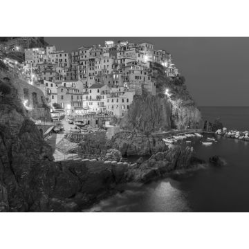 Lais Puzzle - Nächtliche Luftaufnahme des Fischerdorfs Manarola, Meereslandschaft in Five lands, Nationalpark Cinque Terre, Ligurien in schwarz weiß - 1.000 Teile