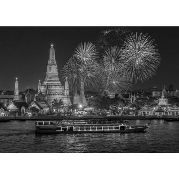 Lais Puzzle - Wat Arun und Kreuzfahrtschiff in der Nacht unter Neujahrsfeier, Bangkok Stadt, Thailand in schwarz weiß - 500, 1.000 & 2.000 Teile