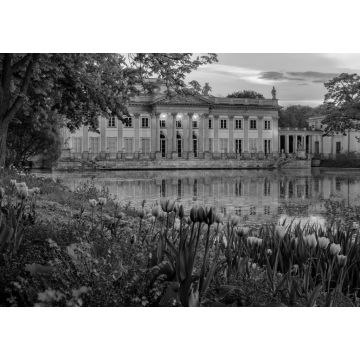 Lais Puzzle - Der Palast auf der Insel - Łazienki Królewskie. Ein neoklassizistischer Palast in Warschau mit vielen Blumen im Frühling in schwarz weiß - 1.000 Teile