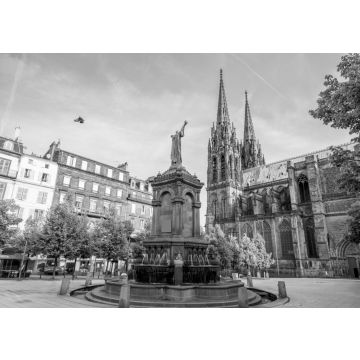 Lais Puzzle - Morgenblick auf den Platz des Sieges mit Denkmal und Kathedrale in der Stadt Clermont-Ferrand in Frankreich in schwarz weiß - 500, 1.000 & 2.000 Teile