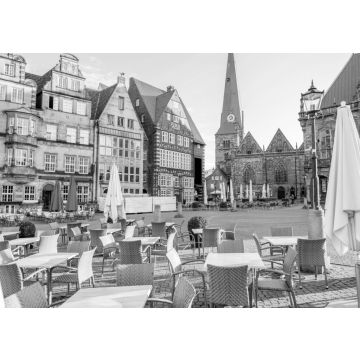 Lais Puzzle - Blick auf den Marktplatz mit Caféterrasse und Liebfrauenkirche im Morgenlicht in der Stadt Bremen, Deutschland in schwarz weiß - 500, 1.000 & 2.000 Teile