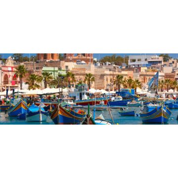 Lais Puzzle - Traditionell beäugte bunte Boote Luzzu im Hafen des mediterranen Fischerdorfs Marsaxlokk, Malta, Panorama - 2.000 Teile