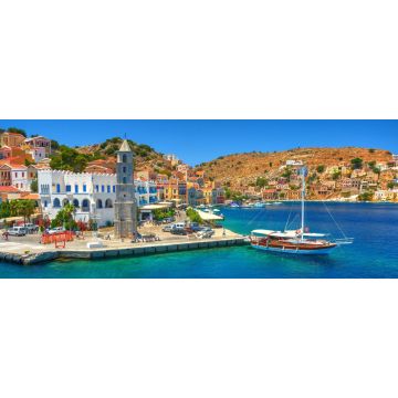 Lais Puzzle - Blick auf das griechische Meer Simy Insel Hafen Hafen, klassische Schiff Yachten, Häuser auf der Insel Hügel, Touristen Ägäis Bucht. Griechenland Inseln Urlaub Urlaub Reise Touren von Rhodos Insel. Griechenland Architektur, Panorama - 2...