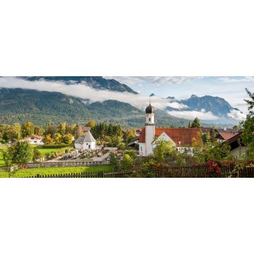 Lais Puzzle - Wallgau, Oberbayern, Dorf mit Kirche und Alpen im Morgennebel, Panorama - 2.000 Teile