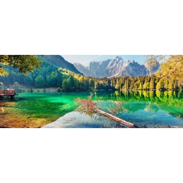 Lais Puzzle - Bunte Sommeransicht des Fusine Sees. Helle Morgenszene der Julischen Alpen mit Mangart-Spitze auf Hintergrund, Provinz Udine, Italien, Europa, Panorama - 2.000 Teile