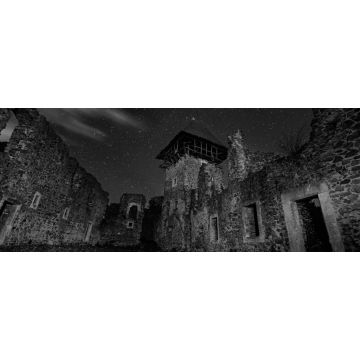 Lais Puzzle - Ruinen von Nevitsky Castle in der Nähe von Uzhgorod, Ukraine mit vielen glänzenden Sternen am dunklen Himmel. Schwarz-Weiß-Version. Nevitsky Burg. Eines der ältesten Gebäude in den Unterkarpaten mit einer internationalen Bedeutung. Das...