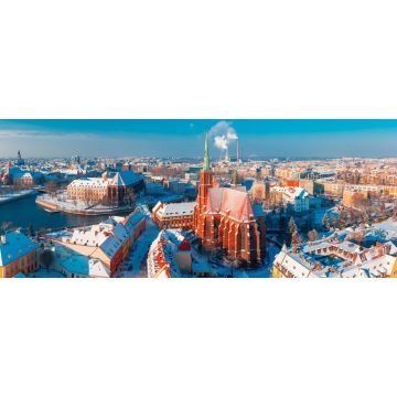 Lais Puzzle - Luftbildpanorama der Altstadt und des Ostrow Tumski mit der Kirche des Heiligen Kreuzes und des Heiligen Bartholomäus von der Johanneskathedrale aus am Wintermorgen in Breslau, Polen, Panorama - 2.000 Teile