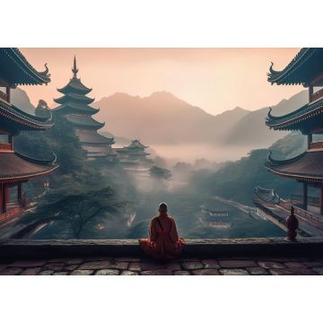 Lais Puzzle - Ein meditierender Mönch vor einem chinesischen Tempel, im Hintergrund neblige Berge - 1.000 Teile