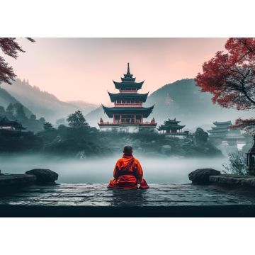 Lais Puzzle - Ein meditierender Mönch vor einem chinesischen Tempel, im Hintergrund neblige Berge - 1.000 Teile