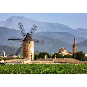Lais Puzzle - Windmühle und Kirche, Weinberge, Binissalem, Serra de Tramuntana, Mallorca - 1.000 Teile