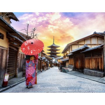 Lais Puzzle - Junge Frau, die einen traditionellen japanischen Kimono mit japanischem Regenschirm trägt, an der Yasaka-Pagode und an der Sannen Zaka-Straße in Kyoto, Japan - 1.000 Teile