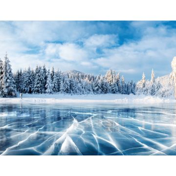 Lais Puzzle - Blaues Eis und Risse auf der Oberfläche des Eises. Gefrorener See unter einem blauen Himmel im Winter. Die Hügel der Kiefern. Der Winter. Karpaten, Ukraine, Europa - 1.000 Teile