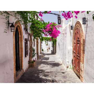 Lais Puzzle - Enge Straße in der Stadt Lindos auf der Insel Rhodos, Dodekanes, Griechenland. Schöne malerische alte weiße Häuser mit Blumen. Berühmtes Touristenziel in Südeuropa - 1.000 Teile