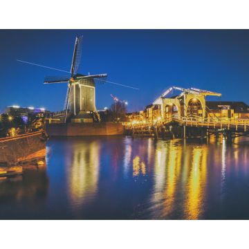 Lais Puzzle - Stadtbild - Abendansicht des Stadtkanals mit Zugbrücke und Windmühle, die Stadt Leiden, Niederlande - 1.000 Teile