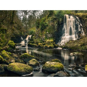Lais Puzzle - Langzeitbelichtungsaufnahme der Linn Jaw Wasserfälle, in der Nähe von Livingston, Schottland, mit moosbewachsenen Felsen im Vordergrund und rund um die Wasserfälle und weißen Schaumstreifen im Wasser. West Lothian. UK - 1.000 Teile