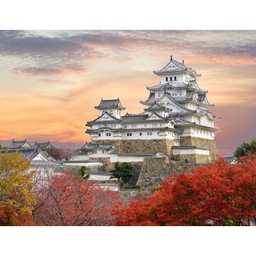 Lais Puzzle - Burg Himeji und rote Ahornblätter im abendlichen Sonnenlicht und Dämmerungshimmel in der Stadt Himeji, Präfektur Hyogo in Japan - 1.000 Teile