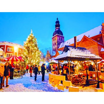 Lais Puzzle - Nächtliches Stadtbild mit Weihnachtsmarkt auf dem Domplatz im winterlichen Riga, Lettland - 1.000 Teile