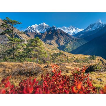 Lais Puzzle - Blick auf das Khumbu-Tal und die Gipfel des Everest und der Ama Dablam durch rote Blätter an einem klaren, sonnigen Tag, Nepal - 1.000 Teile