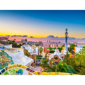 Lais Puzzle - Blick auf Mosaikfliesen und das Stadtbild von Barcelona im Park Guell bei Sonnenuntergang | Spanien - 1.000 Teile