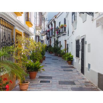 Lais Puzzle - Typische enge Straße mit Blumentopf in Marbella, Costa del Sol, Provinz Malaga. Leere andalusische Straße - 1.000 Teile