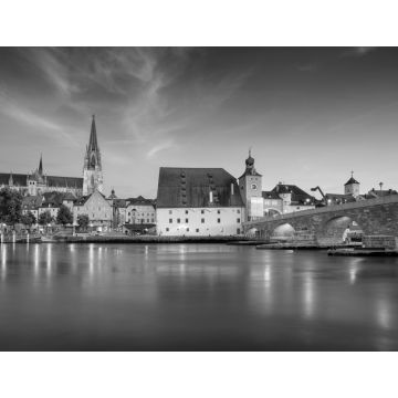 Lais Puzzle - Regensburg, Deutschland. Stadtbild von Regensburg, Deutschland während der blauen Stunde in der Dämmerung in schwarz weiß - 1.000 Teile