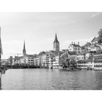 Lais Puzzle - Stadtzentrum von Zürich mit den berühmten Kirchen Fraumünster und Grossmünster und dem Fluss Limmat in schwarz weiß - 1.000 Teile