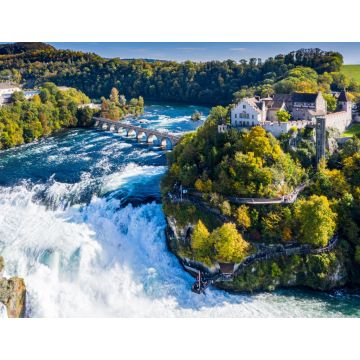 Lais Puzzle - Rheinfall, Schweiz Panoramablick aus der Vogelperspektive. Touristenboot im Wasserfall. Brücke und Grenze zwischen den Kantonen Schaffhausen und Zürich. Felsenschloss Laufen, Laufen-Uhwiesen - 1.000 Teile