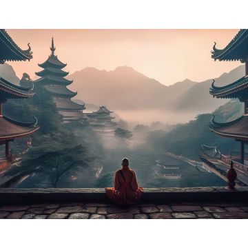 Lais Puzzle - Ein meditierender Mönch vor einem chinesischen Tempel, im Hintergrund neblige Berge - 1.000 Teile