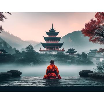 Lais Puzzle - Ein meditierender Mönch vor einem chinesischen Tempel, im Hintergrund neblige Berge - 1.000 Teile