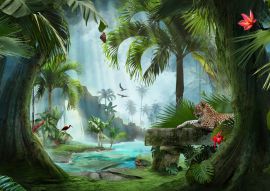 Lais Puzzle - Wunderschöner Blick auf eine Lagune des Dschungels mit Jaguar, Palmen und tropischen Blättern - 100, 200, 500 & 1.000 Teile